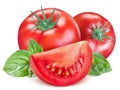 Tomatoes with basil leaves and tomato slices isolated on a white background. Clipping path Royalty Free Stock Photo