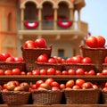 Tomatoes in baskets arranged on a wooden balcony against the backdrop of La Tomatina Festival.Generative AI