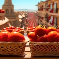 Tomatoes in baskets arranged on a wooden balcony against the backdrop of La Tomatina Festival.Generative AI