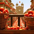 Tomatoes in baskets arranged on a wooden balcony against the backdrop of La Tomatina Festival.Generative AI