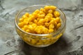 Juicy corn in a glass bowl. High quality photo. Royalty Free Stock Photo