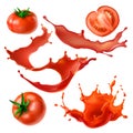 Whole and sliced on half fresh tomatoes, tomato juice splashes and swirls 3d realistic vector illustrations Royalty Free Stock Photo