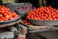 Tomatoes in big tray on street vendor shop Royalty Free Stock Photo