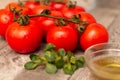 Tomatoes branch on a black wooden table with water droplets Royalty Free Stock Photo