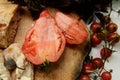 Tomatoes and bread on the board