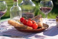 Tomatoes and bread plate close up with red wine at sunset Royalty Free Stock Photo