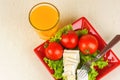 Tomatoes and cheese slices lie on a sheet of fresh salad in a plate. A glass of orange juice stands side by side on the table. Royalty Free Stock Photo