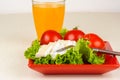 Tomatoes and cheese slices lie on a sheet of fresh salad in a red plate. A glass of orange juice stands side by side on the table. Royalty Free Stock Photo