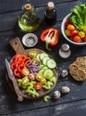 Tomatoes, cucumber, celery, bell pepper, red onion, quail eggs,olive oil, balsamic vinegar, garden herbs and spices - Ingredients Royalty Free Stock Photo