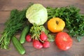 Tomatoes cucumbers cabbage radish dill and parsley on a table in the village Royalty Free Stock Photo