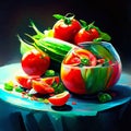 Tomatoes and cucumbers in a glass bowl on a black background AI generated