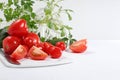 Tomatoes, cucumbers and parsley for cooking salad, Fresh summer vegetables on a bright sunny table with place for text, detox diet Royalty Free Stock Photo