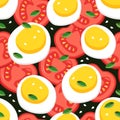 Tomatoes and eggs with sesame seeds and pumpkin seeds. Stylized vector pattern. Flat illustration.