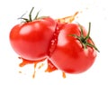 Tomatoes faced and flying splash on white isolated background. Levitating Tomatoes