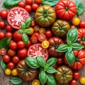 The tomatoes are fresh basil leaves Ocimum basilicum adding a pop of Royalty Free Stock Photo