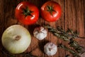 Tomatoes, garlic, onion and rosemary on a wood background close-up ingredients table top Royalty Free Stock Photo