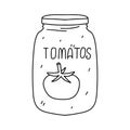 Tomatoes in a glass jar. Hand drawn doodle style. Vector illustration isolated on white. Coloring page. Royalty Free Stock Photo