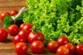 Tomatoes and green vegetables on wooden dark background Royalty Free Stock Photo