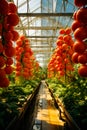 Tomatoes greenhouse indoor. Farming organic vegetables building