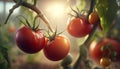 Tomatoes growing in a greenhouse, bathed in natural light and bursting with color and flavor. Generative AI