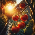 Tomatoes hanging from the vine in the blue hour