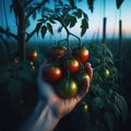 Tomatoes hanging from the vine in the blue hour