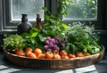 Tomatoes herbs and flowers in wooden bowl Royalty Free Stock Photo