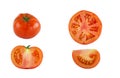 Tomatoes isolated on a white background. Tomato whole, cut, half, slice. Tomato set. Royalty Free Stock Photo