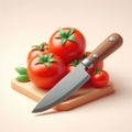 Tomatoes and knife. 3D cartoon illustration on a light background