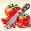 Tomatoes and knife. 3D cartoon illustration on a light background