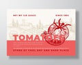 Tomatoes Label Template. Abstract Vector Packaging Design Layout. Modern Typography Banner with Hand Drawn Vegetables