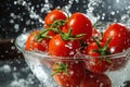 Tomatoes into a large clear glass bowl with water splashing. Generative AI Royalty Free Stock Photo