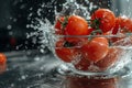 Tomatoes into a large clear glass bowl with water splashing. Generative AI Royalty Free Stock Photo