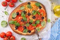 Tomatoes and olives homemade vegetable focaccia Royalty Free Stock Photo