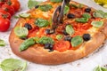 Tomatoes and olives homemade vegetable focaccia Royalty Free Stock Photo