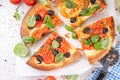 Tomatoes and olives homemade vegetable focaccia Royalty Free Stock Photo