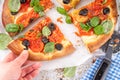 Tomatoes and olives homemade vegetable focaccia Royalty Free Stock Photo