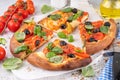 Tomatoes and olives homemade vegetable focaccia Royalty Free Stock Photo