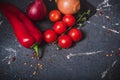 Tomatoes, onions and red peppers - abstract background in the kitchen Royalty Free Stock Photo