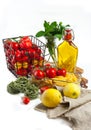 Tomatoes, pasta, oil, lemons, herbs Royalty Free Stock Photo