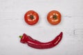 Tomatoes and pepperoni builting a face, copy space Royalty Free Stock Photo