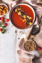 Tomatoes and Red Pepper Soup with Halloumi Chesse and Dukkah Spices Royalty Free Stock Photo