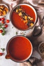 Tomatoes and Red Pepper Soup with Halloumi Chesse and Dukkah Spices