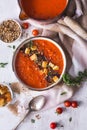 Tomatoes and Red Pepper Soup with Halloumi Chesse and Dukkah Spices Royalty Free Stock Photo