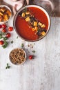 Tomatoes and Red Pepper Soup with Halloumi Chesse and Dukkah Spices