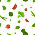 Tomatoes with salad and cabbage seamless pattern. Green broccoli swirl with red tomato slices. Royalty Free Stock Photo