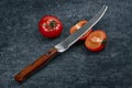 Tomatoes and a specialized chefs kitchen tomato knife on a gray grunge background close-u Royalty Free Stock Photo