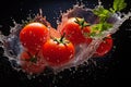 Tomatoes splash on black background.