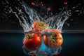 tomatoes splashed or thrown in water. Water splash fresh fruit creative concept idea. Ai generated