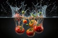 tomatoes splashed or thrown in water. Water splash fresh fruit creative concept idea. Ai generated